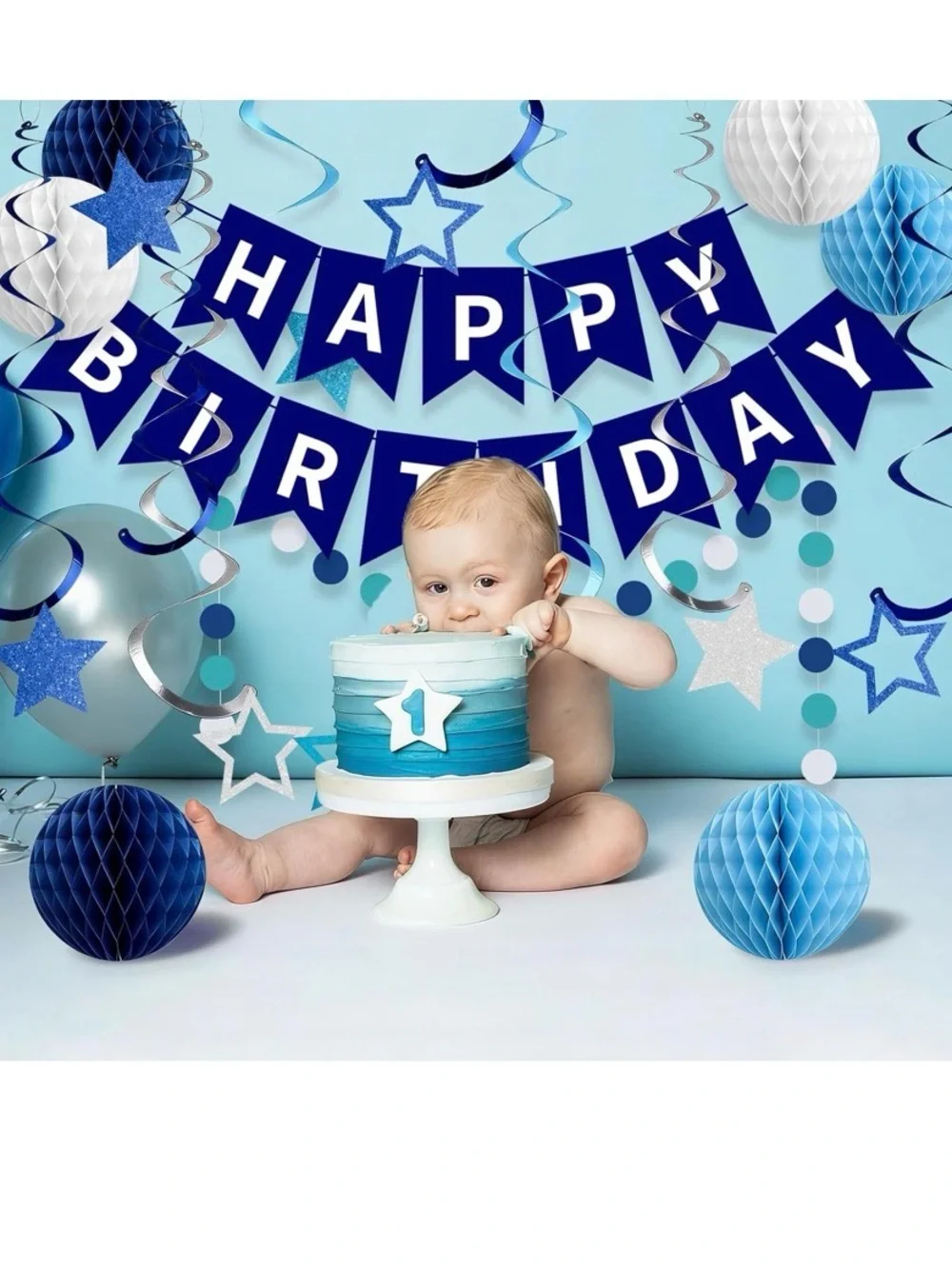 Blue and White Happy Birthday Party Decoration Kit